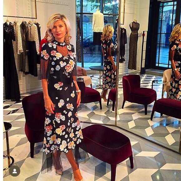 Vilshenko Black Floral Polka Dot Tulle Midi Dress - Picture 1 of 16